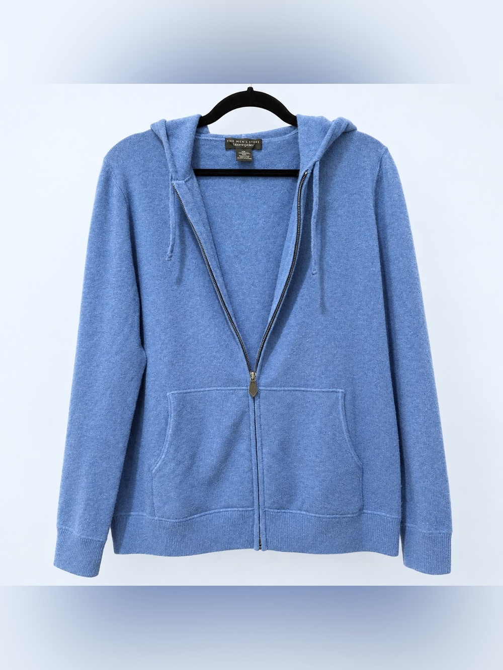 Bloomingdale’s Men’s 100% Cashmere Zip Hoodie Zip Up Blue M Leather Trim